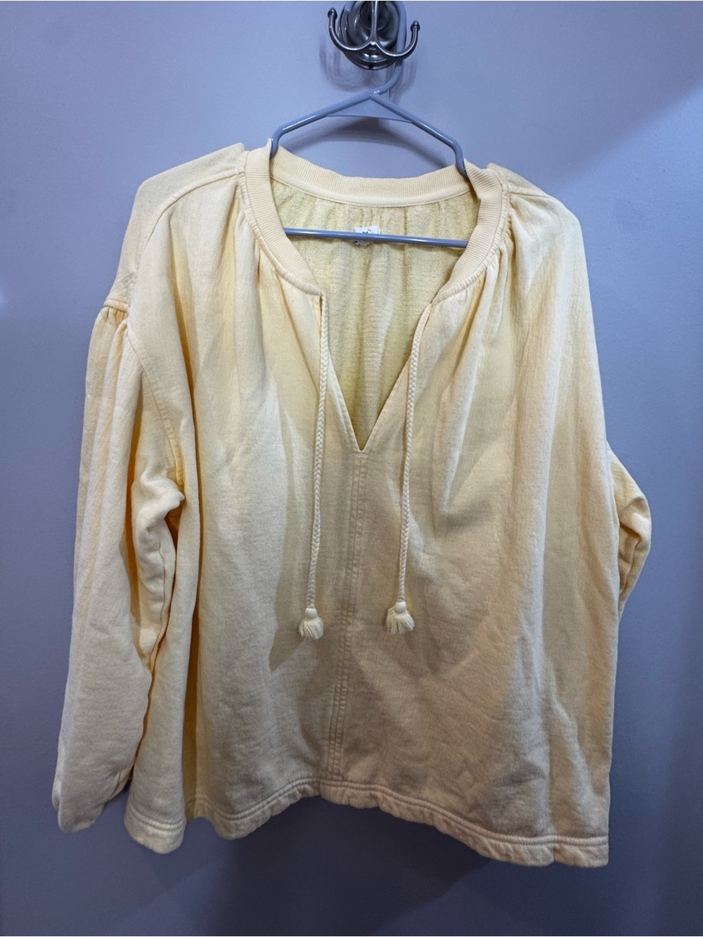 aerie Soft Pale Yellow V-Neck Tassel Pullover